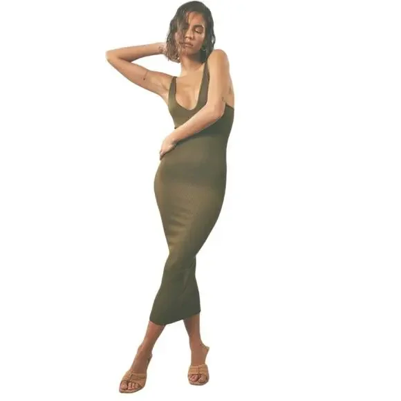 Pretty Little Thing Rib Knit Midi Dress Size XL Dark Green Snatched Bodycon - Picture 1 of 10